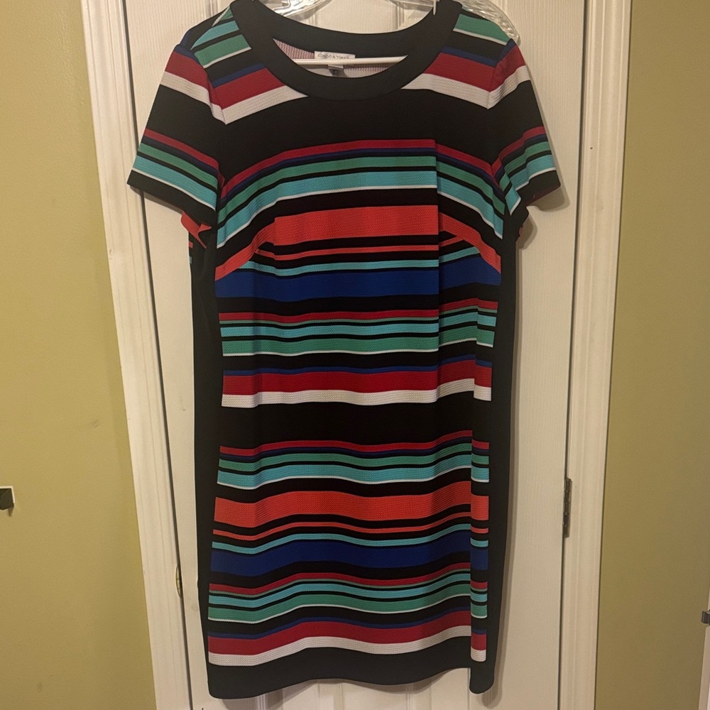 Striped Short Sleeve Shift Dress - Black with Red, Teal, Blue, & White Stripes
